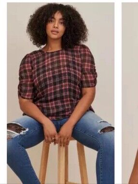 NWT TORRID Size 2 Sheer MetalliC Plaid Chiffon Peasant Top